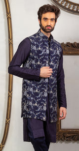 Blue  & Purple Color Hand Emboidered & Handwork Kurta, Jacket ,Pant Set
