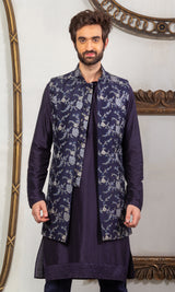 Blue  & Purple Color Hand Emboidered & Handwork Kurta, Jacket ,Pant Set