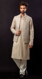 Golden  color  Hand Embroidered & handwork kurta ,jacket & pant set.