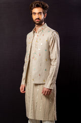 Golden  color  Hand Embroidered & handwork kurta ,jacket & pant set.