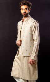 Golden  color  Hand Embroidered & handwork kurta ,jacket & pant set.