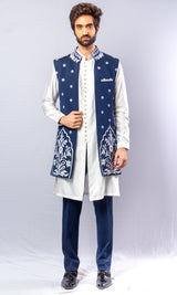 Blue & white   colour  Hand Embroidered & handwork kurta ,Jacket & pant set.