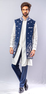 Blue & white   colour  Hand Embroidered & handwork kurta ,Jacket & pant set.