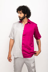Grey-Wine Color blocked Shirt