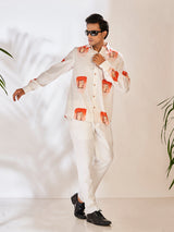Bold White & Orange Cotton Pant Set