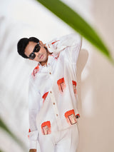 Bold White & Orange Cotton Pant Set