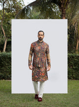 BLACK PRINTED MIRROR KURTA WITH BUNDI SET sasyafashion