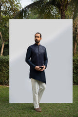 NAVY BLUE ASYMMETRICAL KURTA SET WITH NAVY BLUE EMBELLISHED BUNDI sasyafashion