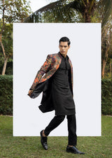 BLACK PRINTED LONG OPEN JACKET sasyafashion