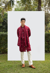 MAROON FRONT-OPEN MOTIF KURTA SET WITH DUPATTA sasyafashion