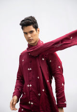 MAROON FRONT-OPEN MOTIF KURTA SET WITH DUPATTA sasyafashion