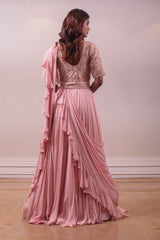 Designer Rosy Pink Draped Flare saree Set sasyafashion