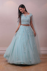 Designer Blue Net Embellished Cape Fancy Lehenga sasyafashion