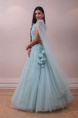 Designer Blue Net Embellished Cape Fancy Lehenga sasyafashion