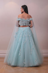 Designer Blue Net Embellished Cape Fancy Lehenga sasyafashion