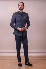 Designer Purssian Blue Bandhgala Set on Pintext Sequins Itlaian Fabric sasyafashion