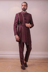 Designer Burgundy Drape Bandhgala Self Emboss Front Embodded Italian Fabric sasyafashion