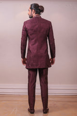 Designer Burgundy Drape Bandhgala Self Emboss Front Embodded Italian Fabric sasyafashion