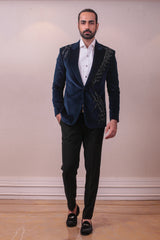 Designer Purssian Blue Blazer Set on Pintext Sequins Italian Fabric sasyafashion