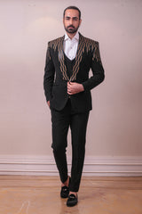 Designer Black Tuxido With Waist Coat And Trouser in Geometric Mettalic work on Polynosic Italian Fabric sasyafashion