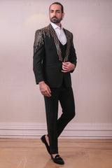 Designer Black Tuxido With Waist Coat And Trouser in Geometric Mettalic work on Polynosic Italian Fabric sasyafashion