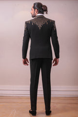 Designer Black Tuxido With Waist Coat And Trouser in Geometric Mettalic work on Polynosic Italian Fabric sasyafashion