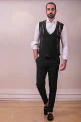Designer Black Waist Coat Trouser in Geometric Mettalic work on Polynosic Italian Fabric sasyafashion
