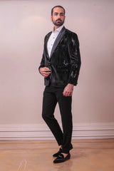 Designer Black Velvet Sequins Kardana Embodded Tuxedo sasyafashion