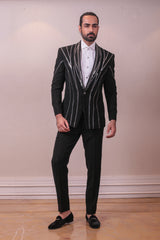 Designer Black Tuxedo Suit Italian Fabric Mettalic Work sasyafashion
