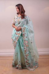 Designer Sea Green Organza Saree sasyafashion