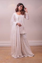 Designer White Net Embellished Sharara Set sasyafashion