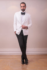 Designer White Tuxedo Self Design Jacquard Fabric With Intricate Kardana work sasyafashion