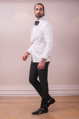 Designer White Tuxedo Self Design Jacquard Fabric With Intricate Kardana work sasyafashion
