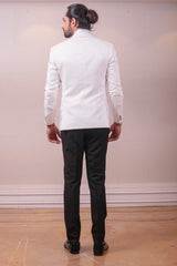 Designer White Tuxedo Self Design Jacquard Fabric With Intricate Kardana work sasyafashion