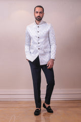 Designer Whitish Grey Bandhgala Silk Brocade work Collar with Intricate work sasyafashion