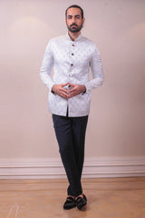 Designer Whitish Grey Bandhgala Silk Brocade work Collar with Intricate work sasyafashion