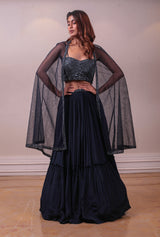Designer Georgette Embodied Purssian Blue Lehenga sasyafashion