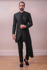 Designer Bandhgala Black Italian Jacquard Drape with Sequins work sasyafashion