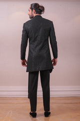 Designer Bandhgala Black Italian Jacquard Drape with Sequins work sasyafashion