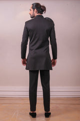 Designer Black Bandhgala Set Italian Polynosic Fabric Collar  With Kardana Sequins work sasyafashion