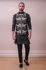 Designer Raw Silk Nehru Jacket with Kurta Pajama Set With Multi Thread Floral Work sasyafashion