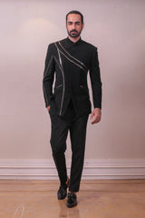 Designer Black Bandhgala Suit Polynosic Italian in Modern Geometric Pattern Mettalic Work sasyafashion