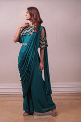Designer Teal Embellished Crepe Silk drape saree sasyafashion