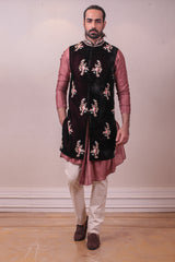 Designer Black Velvet Multi Hand Embroidered Mauve  Cowl Kurta Embellished Jacket Set sasyafashion