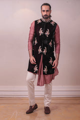 Designer Black Velvet Multi Hand Embroidered Mauve  Cowl Kurta Embellished Jacket Set sasyafashion