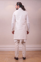 Designer Milky White Self Emboss Mix Pintex Long Jacket Kurta Pajama Set sasyafashion