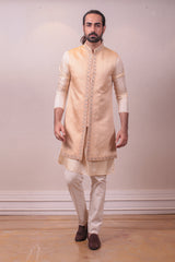 Designer Beige Gold Pure Silk Long Jacket Kurta Set Hand Embodded on Collar sasyafashion