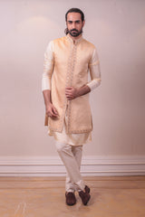Designer Beige Gold Pure Silk Long Jacket Kurta Set Hand Embodded on Collar sasyafashion