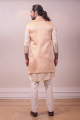 Designer Beige Gold Pure Silk Long Jacket Kurta Set Hand Embodded on Collar sasyafashion