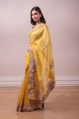 Designer Mustard Yellow Organza Embedded Saree sasyafashion